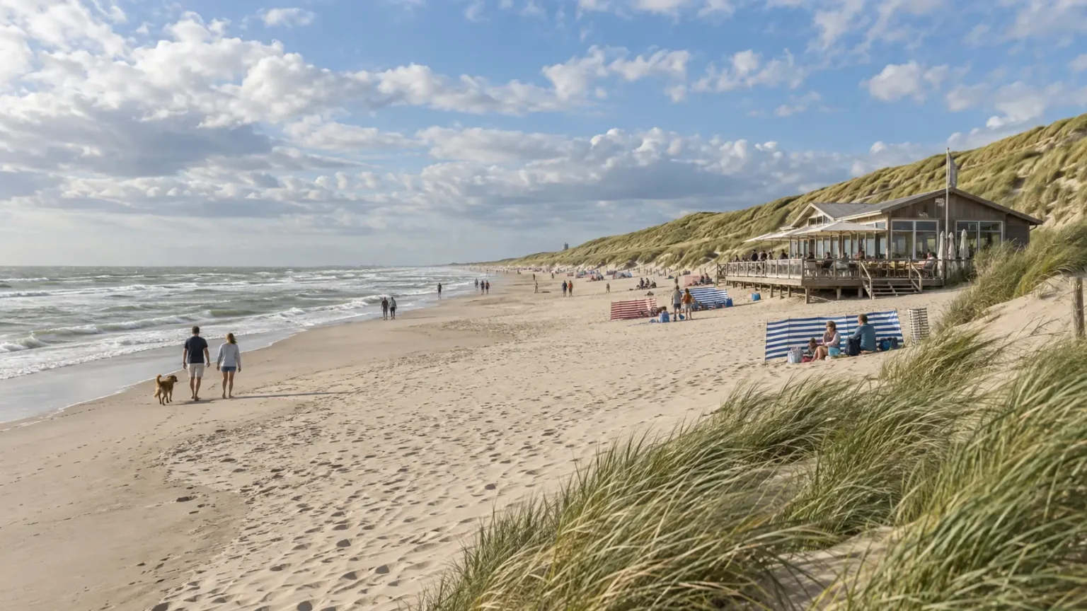 A wide North Sea beach in the Netherlands with marram grass dunes, a wooden beach pavilion and striped windbreaks on the sand