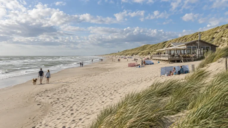 A wide North Sea beach in the Netherlands with marram grass dunes, a wooden beach pavilion and striped windbreaks on the sand