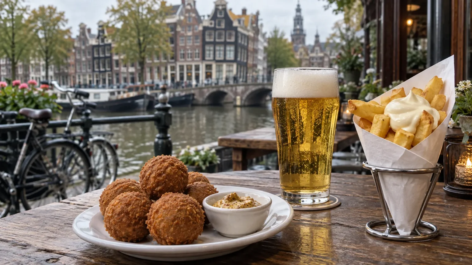 Bitterballen with mustard, a glass of Dutch pilsner and a paper cone of fries with mayonnaise on a canal side cafe table in the Netherlands